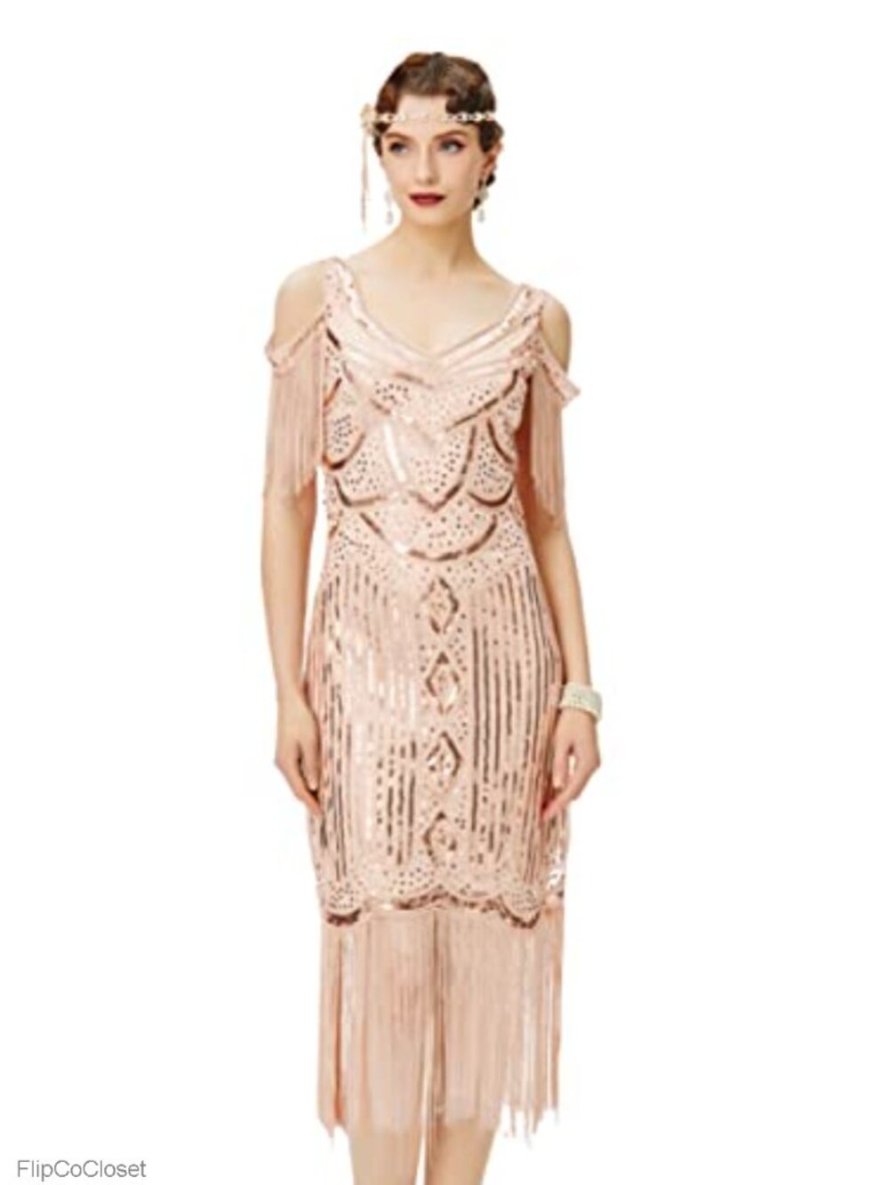 Vintage 1920s Flapper Dress Beaded Sequin Fringe V-Neck Sleeveless